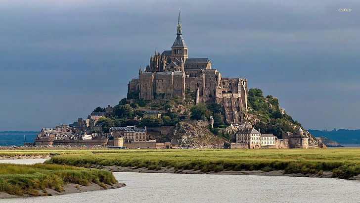 brown and blue concrete castle, landscape, Mont Saint-Michel, HD wallpaper