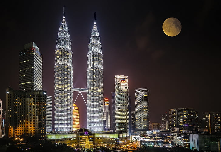 night, the city, the moon, Malaysia, Kuala Lumpur