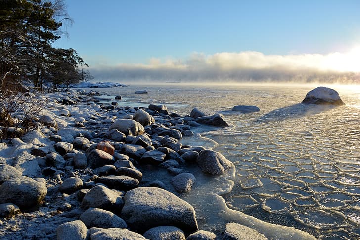 winter, sea, stones, coast, Finland, The Baltic sea, Helsinki, HD wallpaper