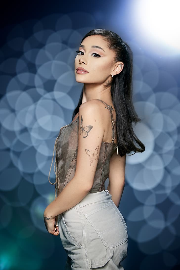 Ariana Grande, women, singer, actress, dark hair, tattoo, women indoors, HD wallpaper