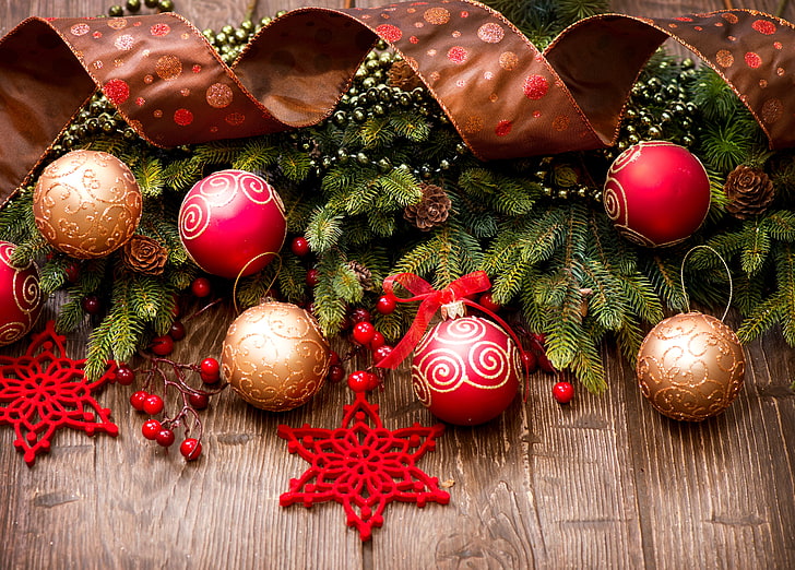 six red and beige baubles, winter, balls, branches, toys, tree, HD wallpaper