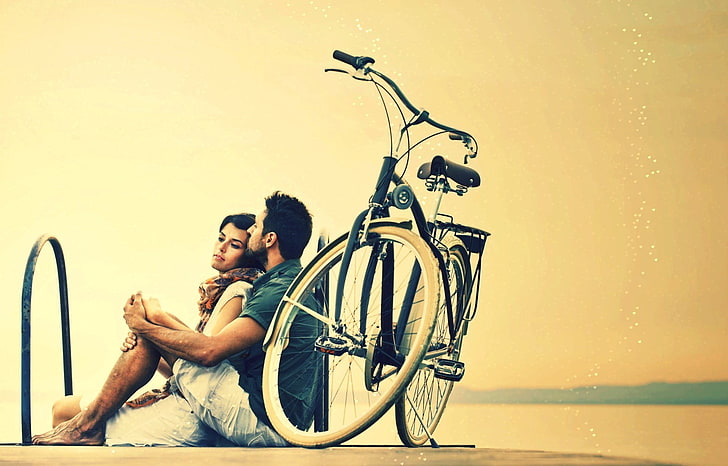 couple, women, hugging, love, emotion, bicycle, two people, HD wallpaper