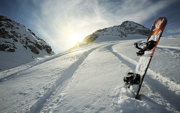 brown and yellow snowboard, mountains, snowboards, cold temperature, HD wallpaper