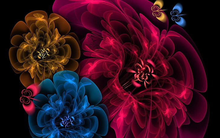 red, blue, and pink floral painting, flowers, veil, background, HD wallpaper