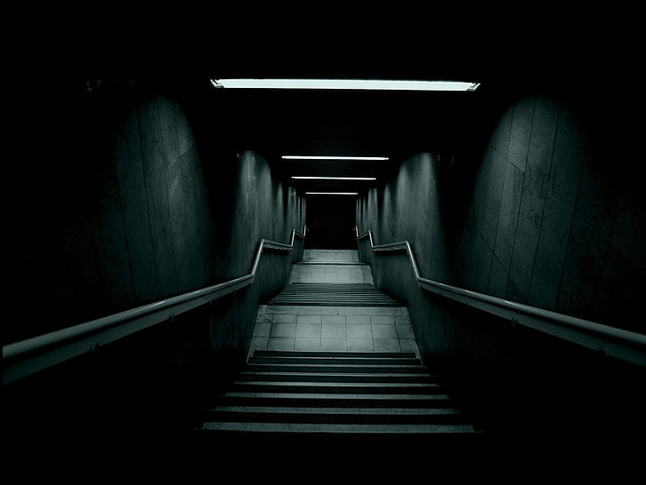 black and gray metal frame, stairs, lights, dark, the way forward