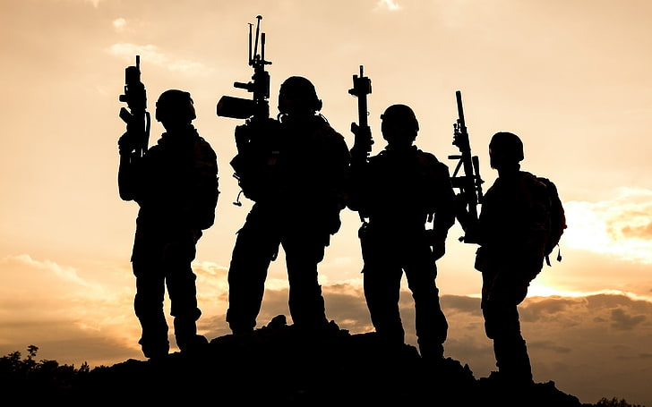 silhouette of four soldiers illustration, military, sunset, group of people
