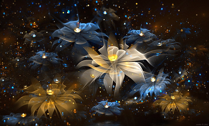 white and multicolored flowers painting, abstract, fractal, fractal flowers, HD wallpaper