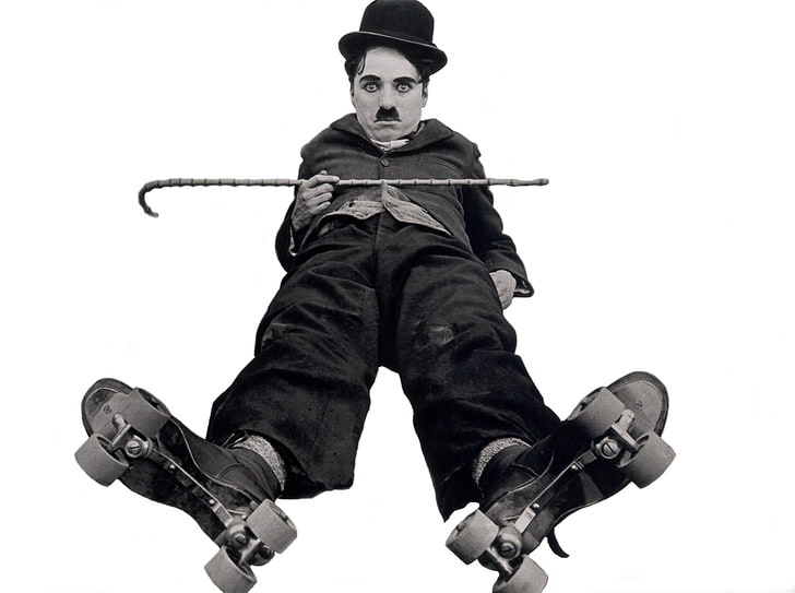 Charlie Chaplin, The Tramp, one person, studio shot, white background