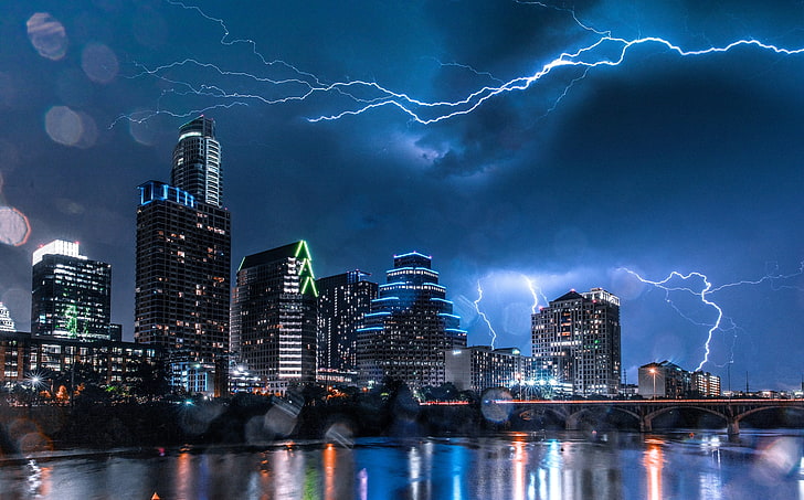 Austin, Texas, cityscape, night, storm, building exterior, architecture