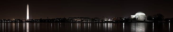 body of water, city, night, Washington, D.C., USA, multiple display