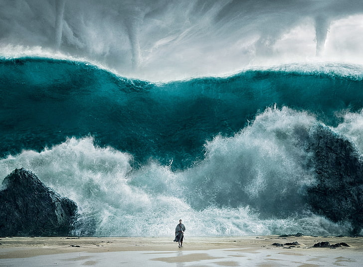 Exodus Gods and Kings Movie, man walking away from tidal wave digital wallpaper