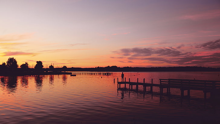 pier, sunset, lake, water, evening, calm, orange, sky, scenics - nature, HD wallpaper