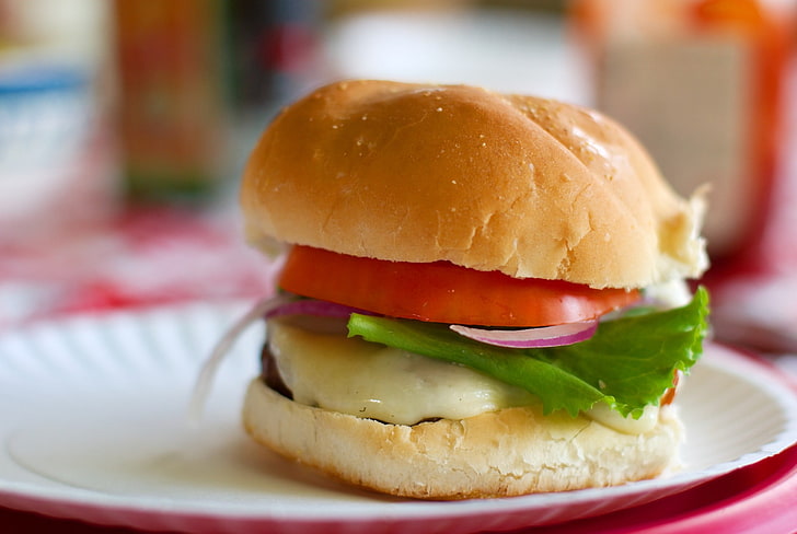 selective focus photography of burger with tomatoes served on plate, HD wallpaper