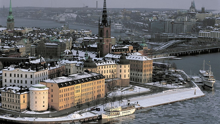 brown and white concrete buildings, Stockholm, winter, cityscape, HD wallpaper