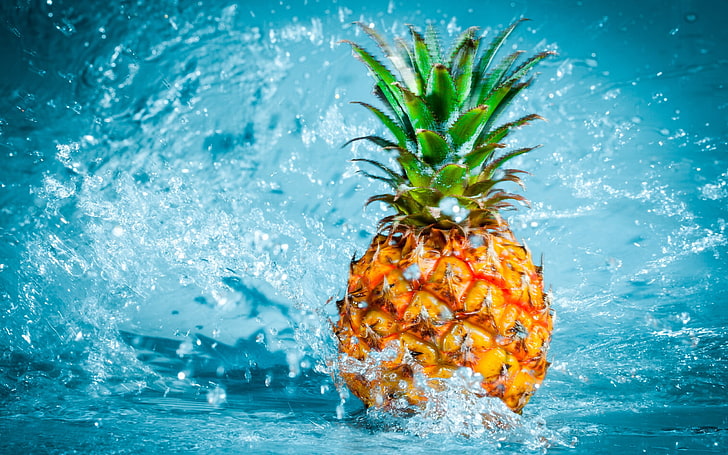 pineapple fruit, pineapples, water, food, motion, splashing, blue, HD wallpaper
