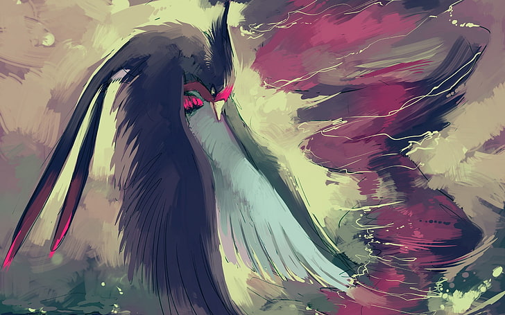 medium-beaked black, red, and white feathered bird painting, birds