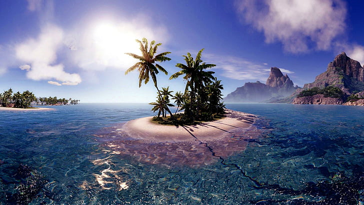 lonely, island, middle of ocean, palms, palm tree, nature