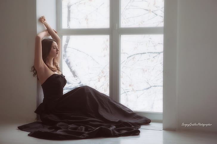 dress, closed eyes, women indoors, arms up, Disha Shemetova, HD wallpaper