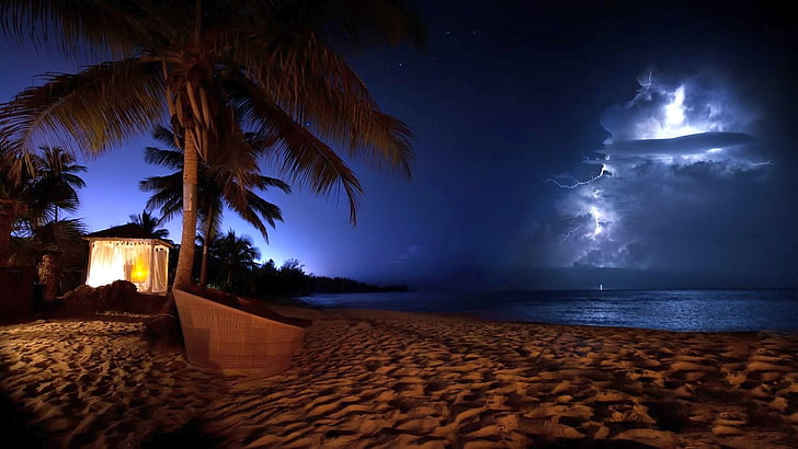 nature photography landscape palm trees beach sea sand storm lightning cocktails puerto rico night, HD wallpaper