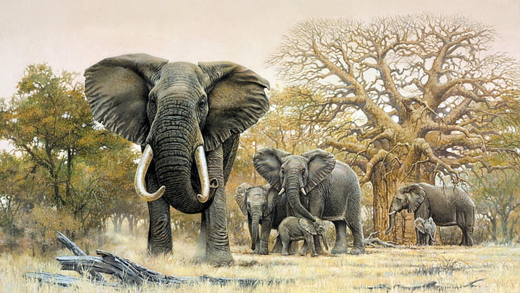 oil painting, elephants, artistic, wildlife, animal themes, HD wallpaper