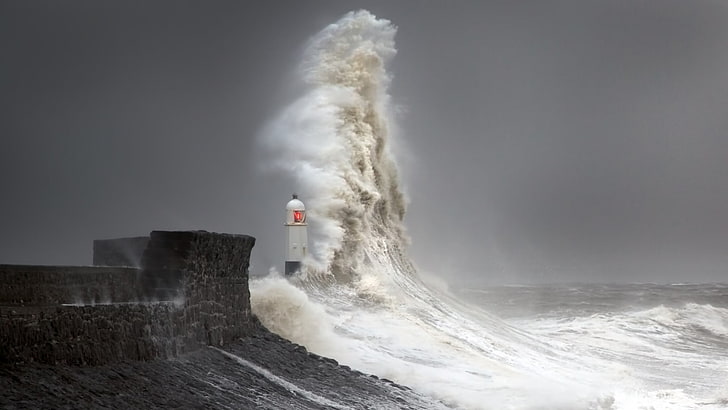 sea waves, nature, landscape, water, lighthouse, storm, coastline, HD wallpaper