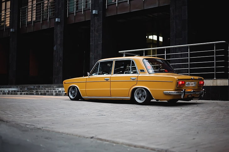 orange sedan, Lada, VAZ, 2103, stance, low classic, car, taxi, HD wallpaper