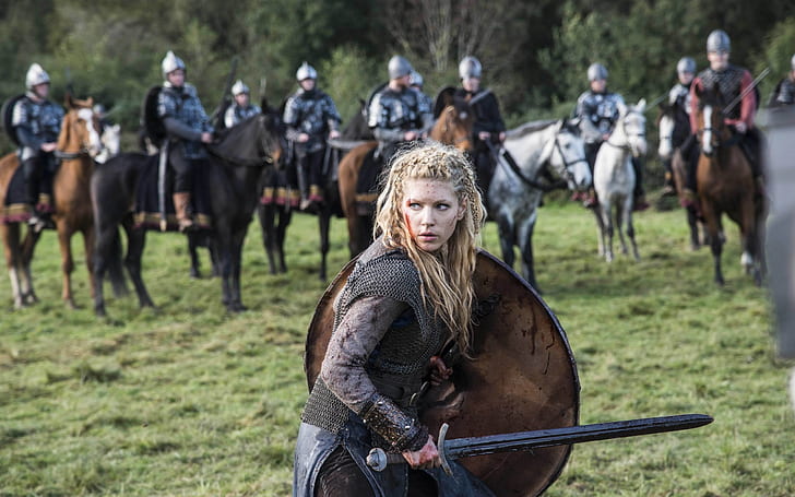 Vikings Lagertha, katheryn winnick, sword, shield, battle, HD wallpaper