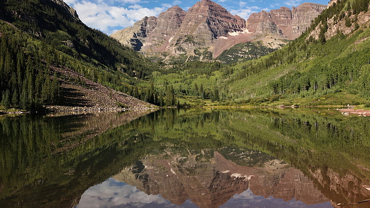 brown rocky mountain, landscape, lake, maroon bells, mountains, HD wallpaper