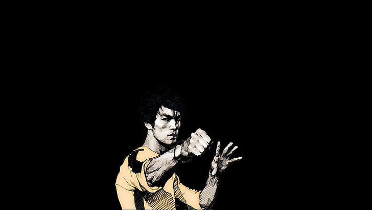 Bruce Lee illustration, artwork, simple background, men, minimalism
