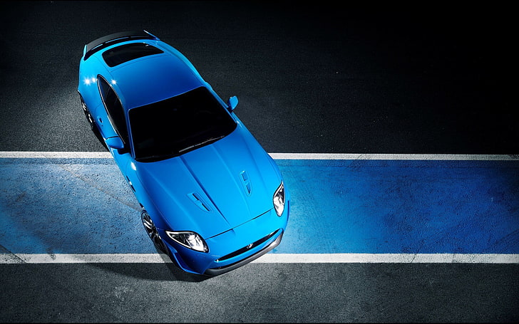 blue and black car toy, Jaguar, Jaguar XKR-S, blue cars, high angle view, HD wallpaper