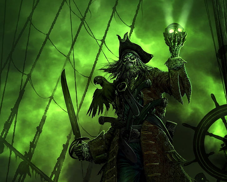 green skulls black pirate ship pirates parrots ghost ship green smoke ghostly Art Black HD Art, HD wallpaper