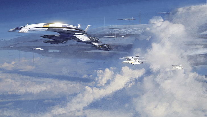 Mass Effect, sky, ship, video games, Normandy SR-2, flying, HD wallpaper