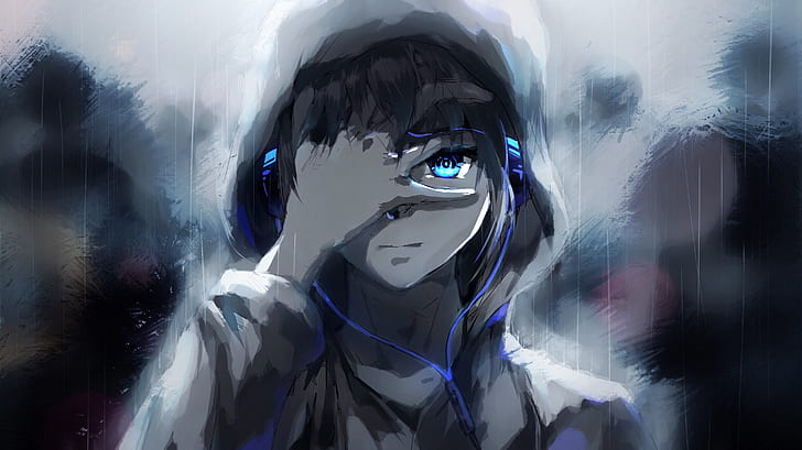 HD wallpaper: anime boy, hoodie, blue eyes, headphones, painting |  Wallpaper Flare