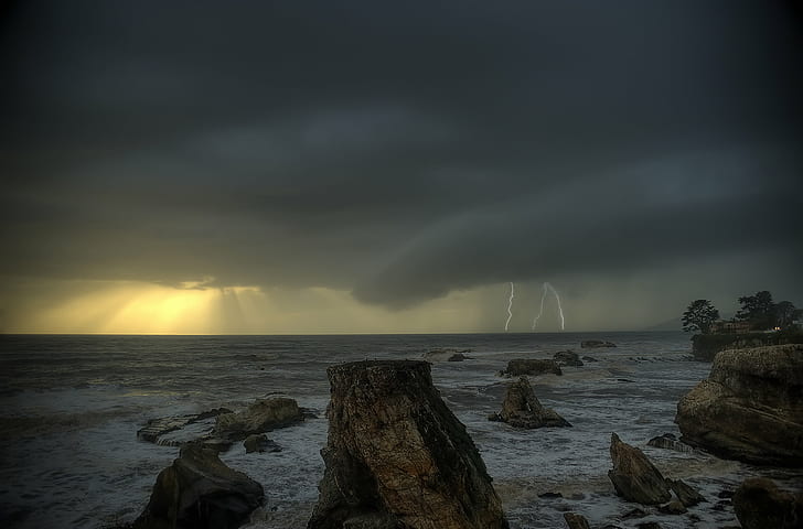thunderstorm photo during nighttime, Stormy, Shell Beach, pismo beach, HD wallpaper