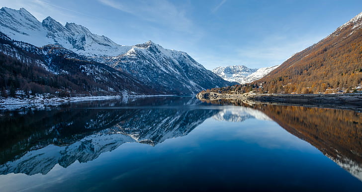 panorama photography of calm body of water surrounded by mountains, ceresole reale, ceresole reale, HD wallpaper