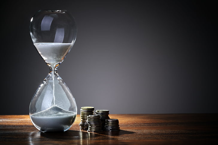 hourglass and coins, time, table, deadline, indoors, sand, glass - material, HD wallpaper