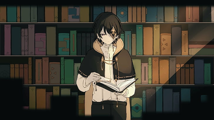 Anime, Original, Book, Boy, Eye Patch, Library