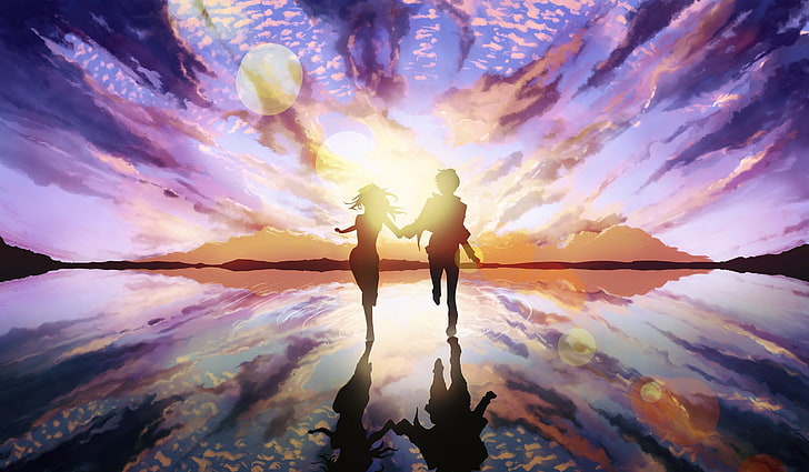 anime, anime girls, sunset, holding hands, island, water, sky, HD wallpaper