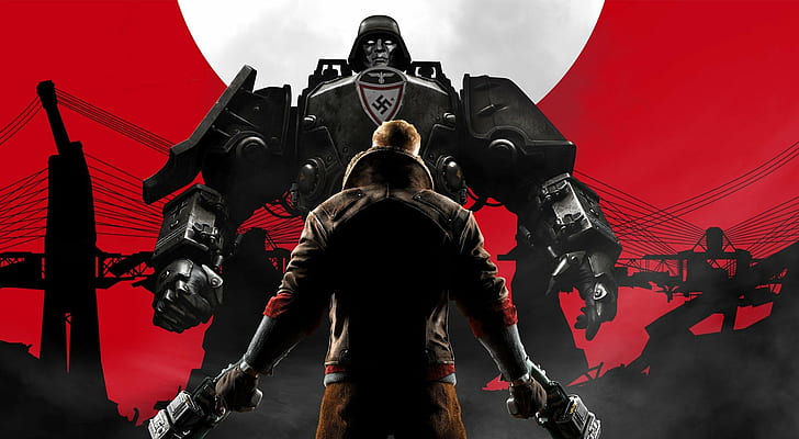 wolfenstein the new order nazi, red, people, rear view, architecture, HD wallpaper