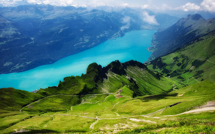aerial photo of green mountain beside body of water, landscape, HD wallpaper
