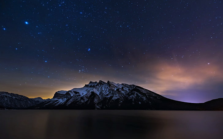 black and gray mountain, stars, space, planet, mountains, snowy peak