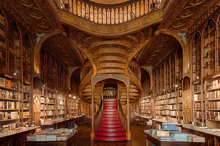 books, bookshelf, interior, wood, shelves, Livraria Lello, Portugal, HD wallpaper