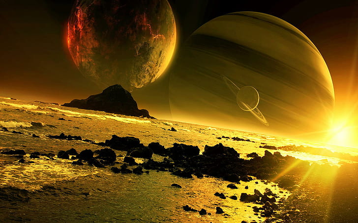 Golden space, saturn planet, 1920x1200, light, universe, galaxy