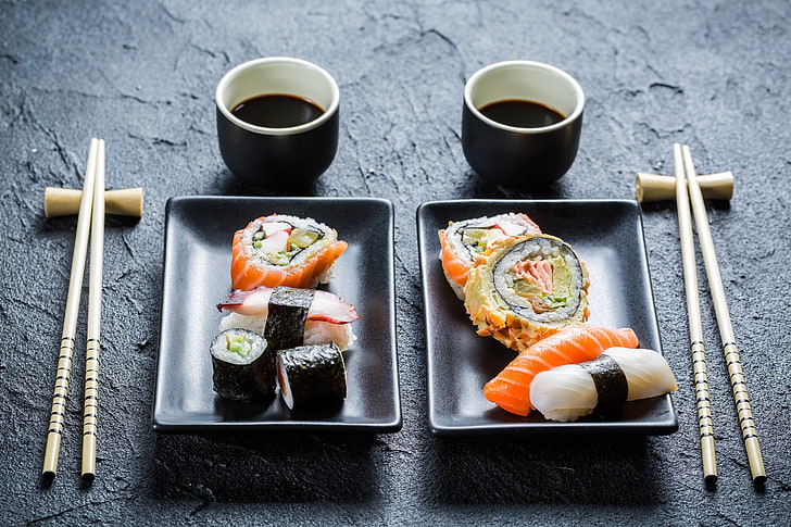 two rectangular black plates, food, sushi, japanese food, asian food
