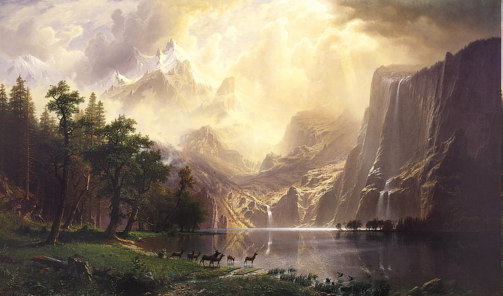 Albert Bierstadt, animals, fantasy Art, lake, landscape, mountain, HD wallpaper