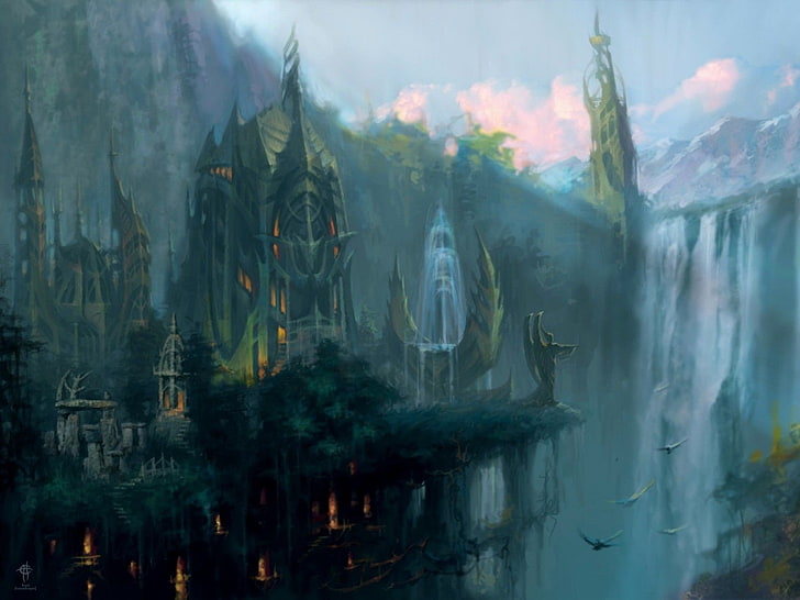 fantasy art, fantasy city, waterfall, no people, nature, fog