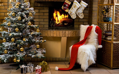 Christmas holiday fireplace christmas tree garlands candles toys HD  wallpaper  Wallpaperbetter