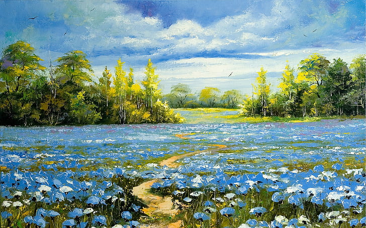Landscape oil painting, blue petaled flower painting, HD wallpaper