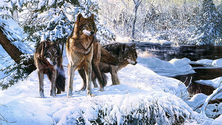 wolf, wolves, forest, winter, painting, art, snow, HD wallpaper