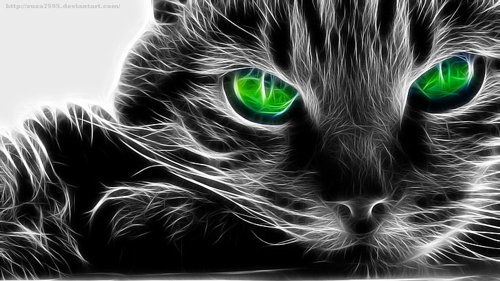 Fractalius, cat, green eyes, animals, artwork, close-up, illuminated